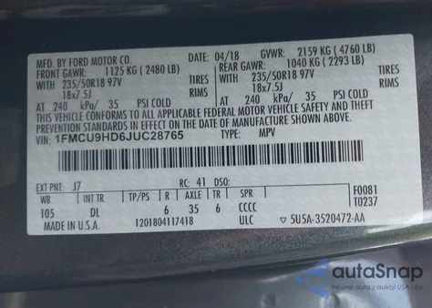 2018 Ford Escape Sel из США, поврежденный, VIN 1FMCU9HD6JUC28765